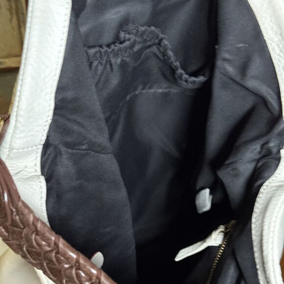 Elliott Lucca Large Cream Leather Handbag Hand Painted Peacock Feather S… - Picture 15 of 16